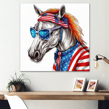 Red Blue Horse With Sunglasses And Shirt - Horse Bedroom Wall Art